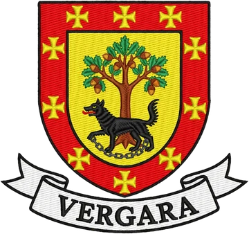 Vergara family crest: an oak tree and a black wolf on gold, with a red border of crosses